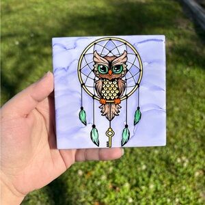 Green Eyed Tribal Owl Dreamcatcher Decorative Tile - Ceramic Home Decor